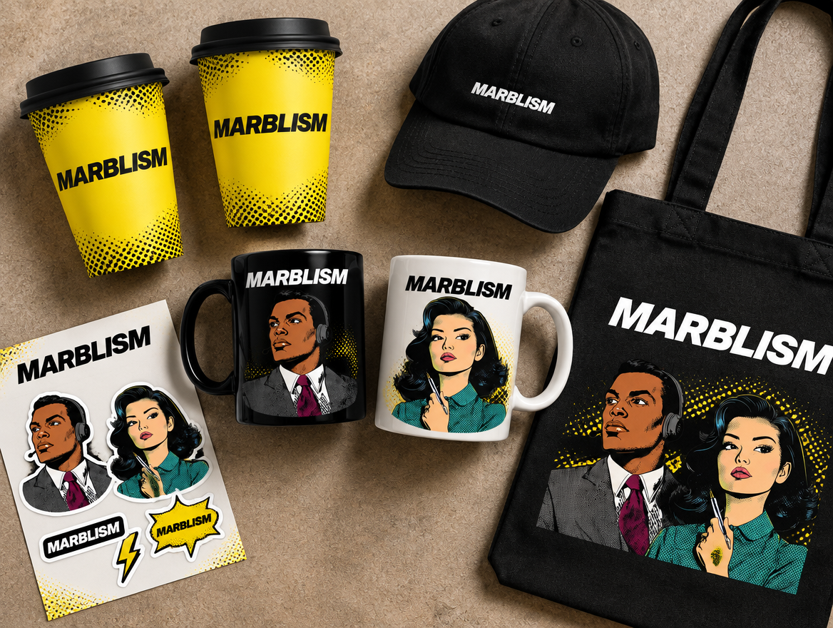 Mockup de merch Marblism: vasos amarillos, mugs, gorra, stickers y tote