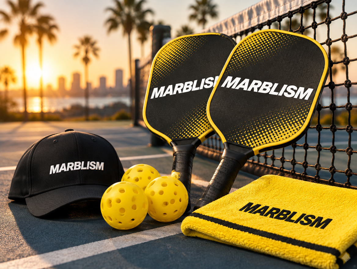 Mockup del gear de pickleball Marblism en cancha de San Diego
